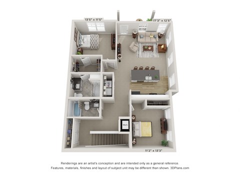 Floor plan for 2 beds, 2 baths, 1227 sqft